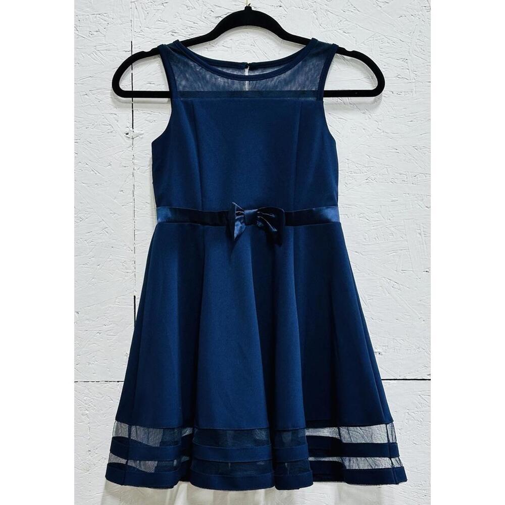 Calvin Klein Girls 10 Formal Dress Navy Blue Mesh Bow Fit Flare Party Wedding